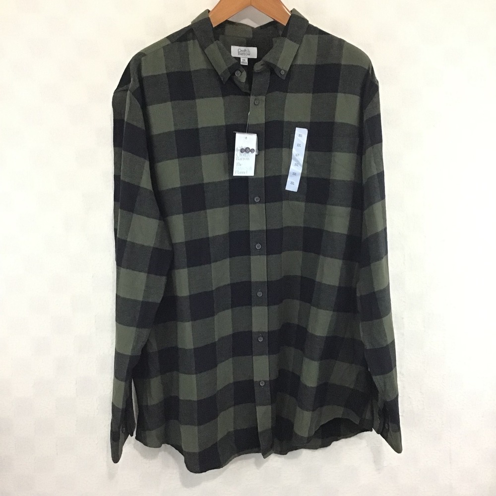 Croft & Barrow Mens XXL Extra Soft Flannel Shirt Olive Green Black Buffalo Plaid